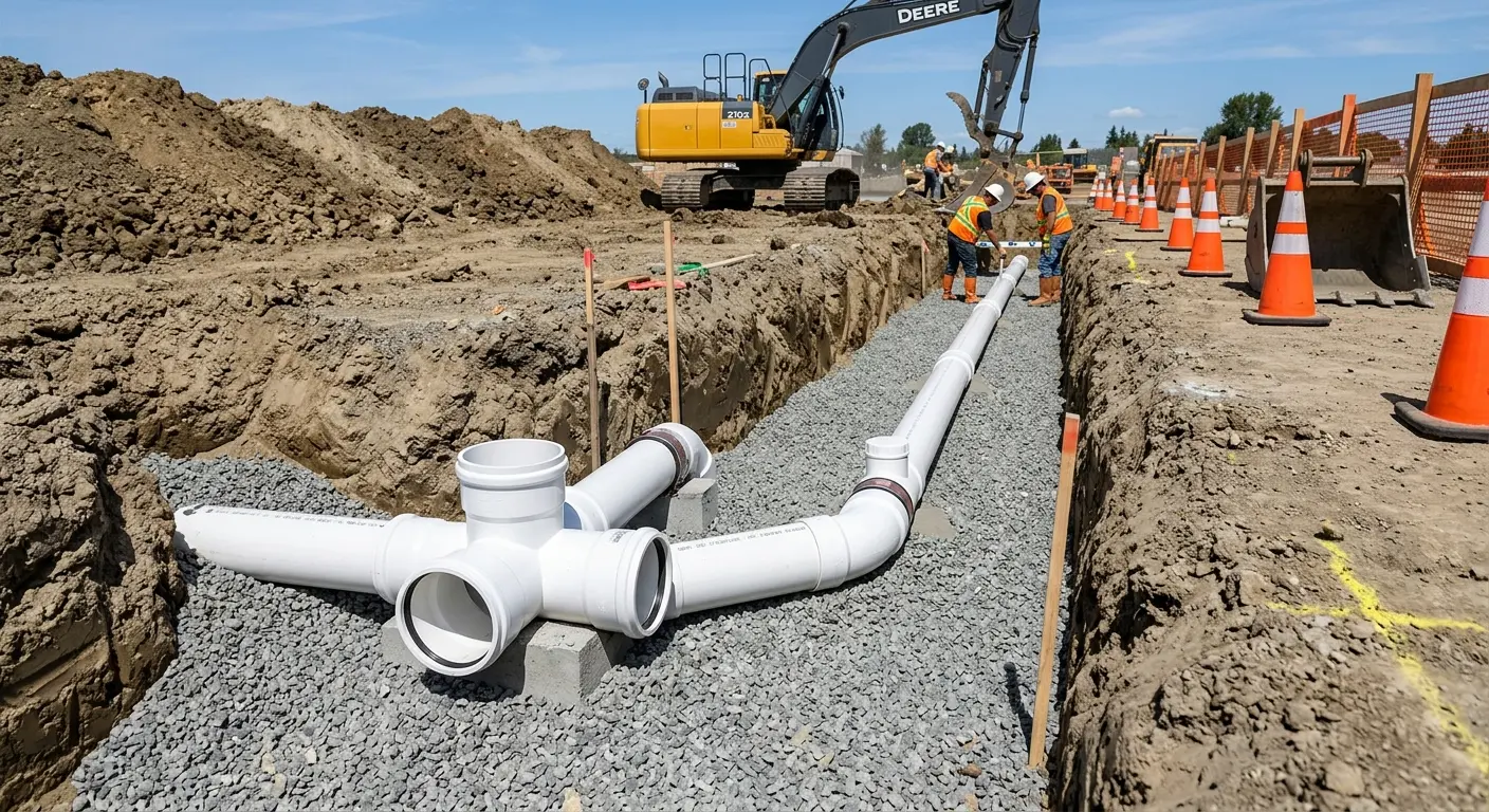 New PVC sewer pipe installation in open trench for Sewer Backup in Azle