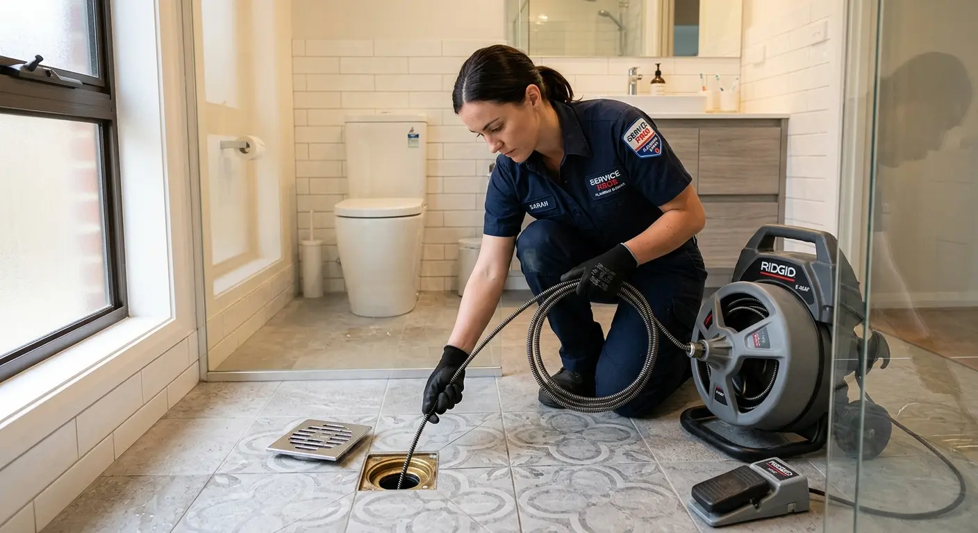 Technician clearing a bathroom floor drain for Drain Cleaning in Azle